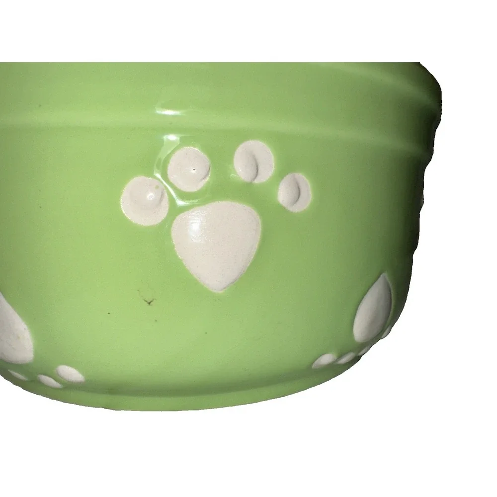 Petrageous Handcrafted Stoneware Pet Food Water Bowl Dish Lime Green Paw Prints